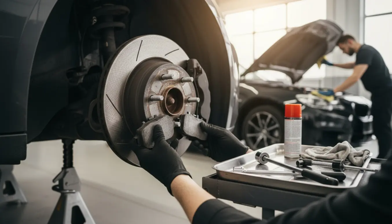 Nærbillede af udskiftning af forreste bremseklodser med afmonteret hjul og åben motorhjelm i baggrunden.