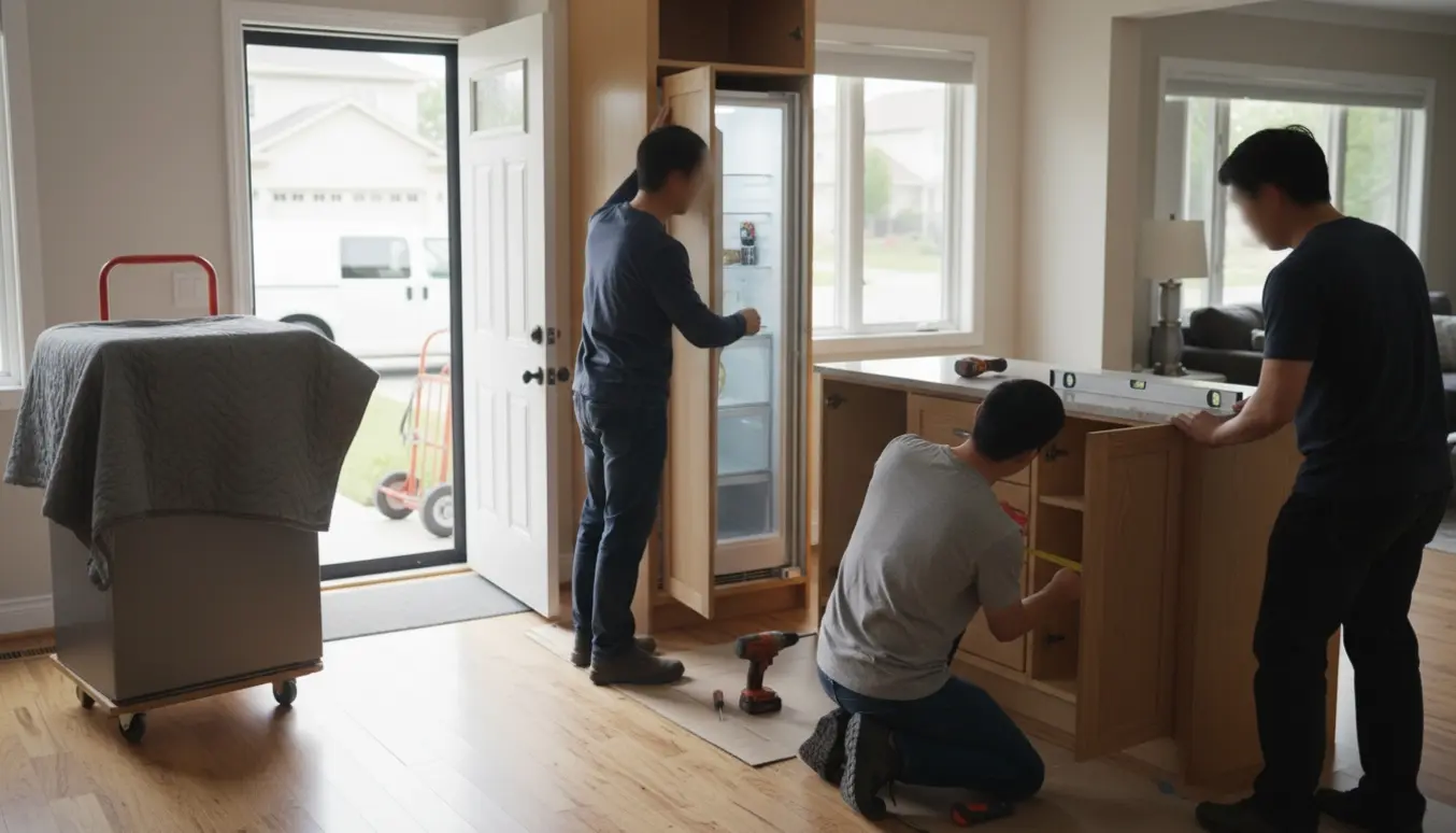 To personer installerer et indbygget, slankt køleskab i et lyst køkken med værktøj og det gamle køleskab klar til fjernelse.