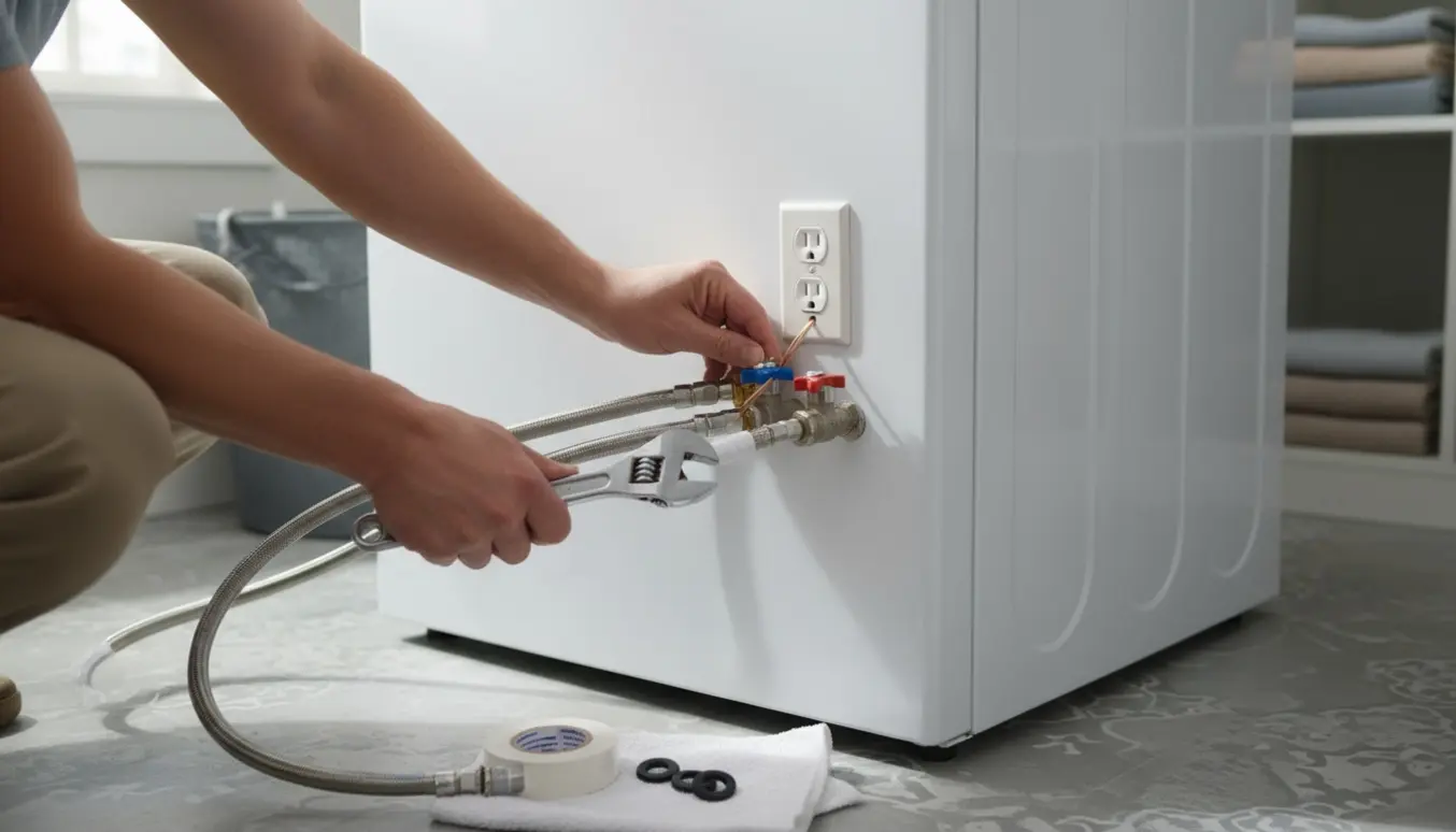 Hænder tilslutter vandslanger og strøm til en vasketøjsmaskine i et lyst bryggers.