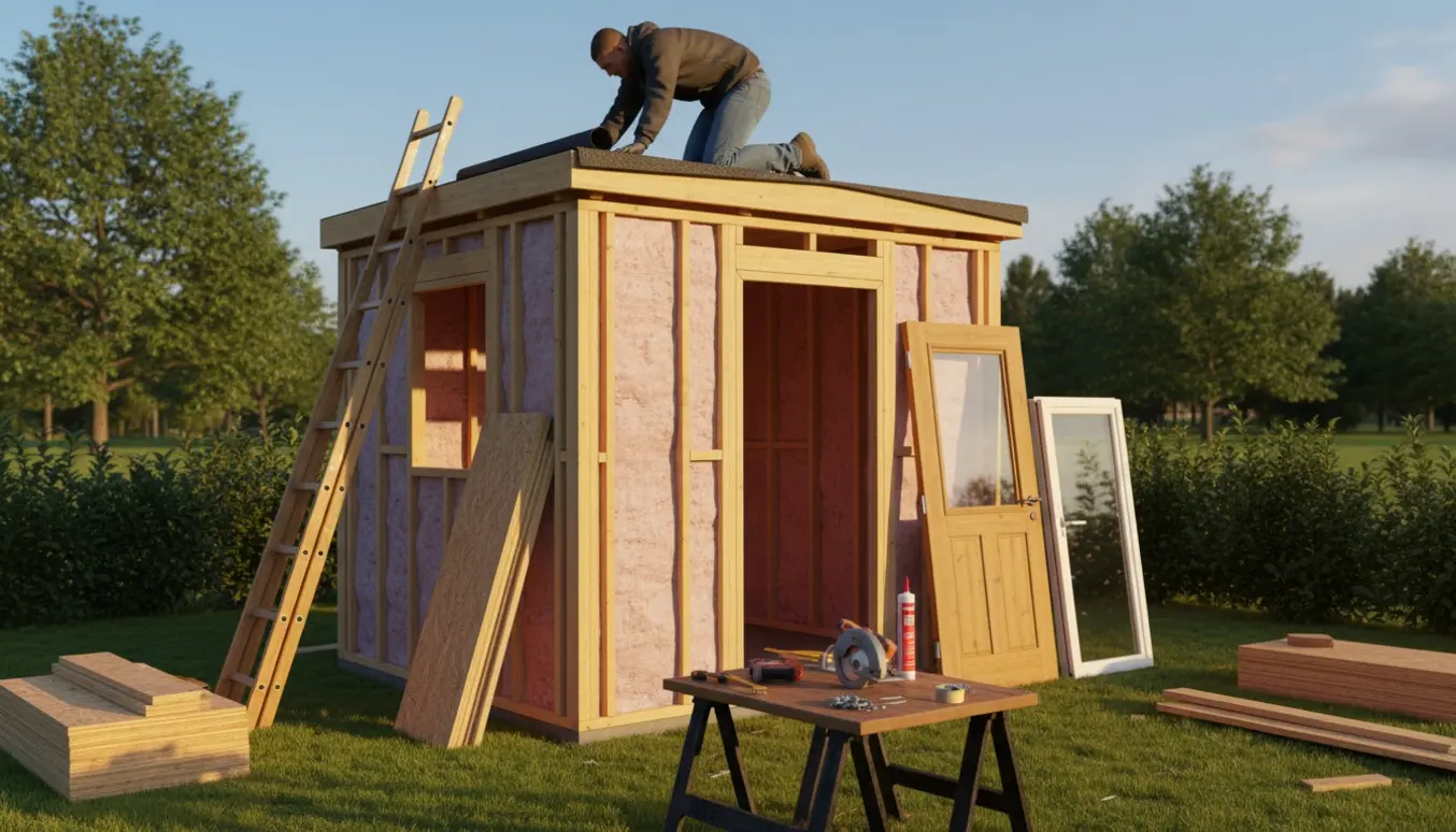 Isoleret træskur under opbygning med synlige vægstolper, isoleringsbatts, tagpap på det flade tag og en havedør og vindue klar til montering.