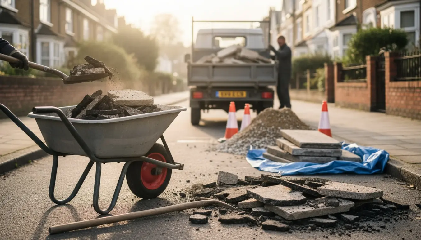 Knust asfalt og beton på fortovet bliver skovlet op i en trillebør ved en lille ladbil.