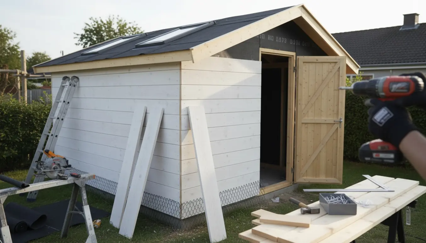 Næsten færdigt skur med tarpapstag, to tagvinduer og halvfærdig beklædning i uplanede grundmalede granbrædder.