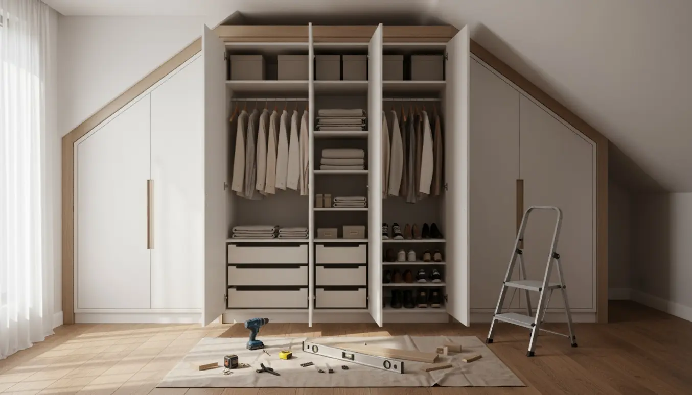 Indbygget gulv‑til‑loft garderobe i soveværelse med skrå væg og værktøj på gulvet under montering.
