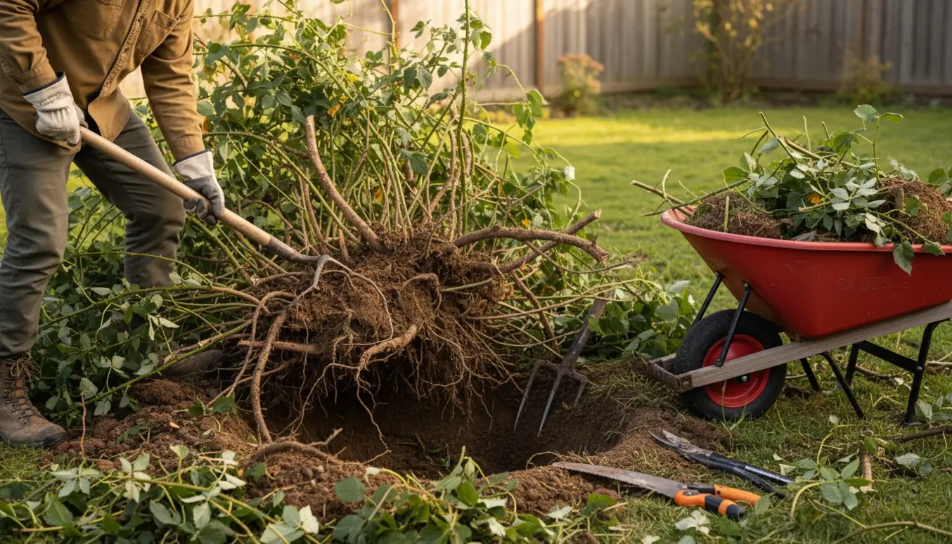 Person fjerner en stor brombærbusk inkl. rødder i haven med handsker og værktøj.