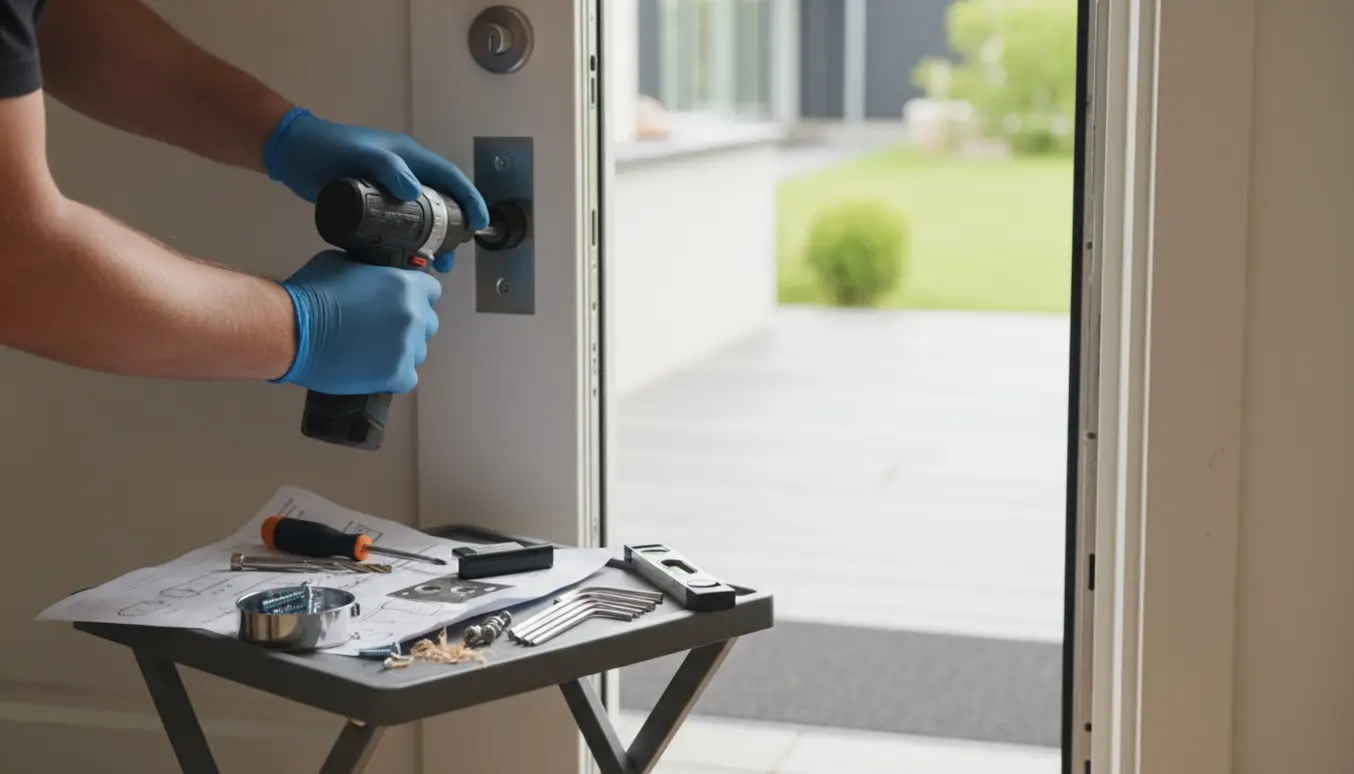 Hænder monterer en moderne smart dørlås i en ny Bangsbo-facadedør med værktøj klar ved siden af.