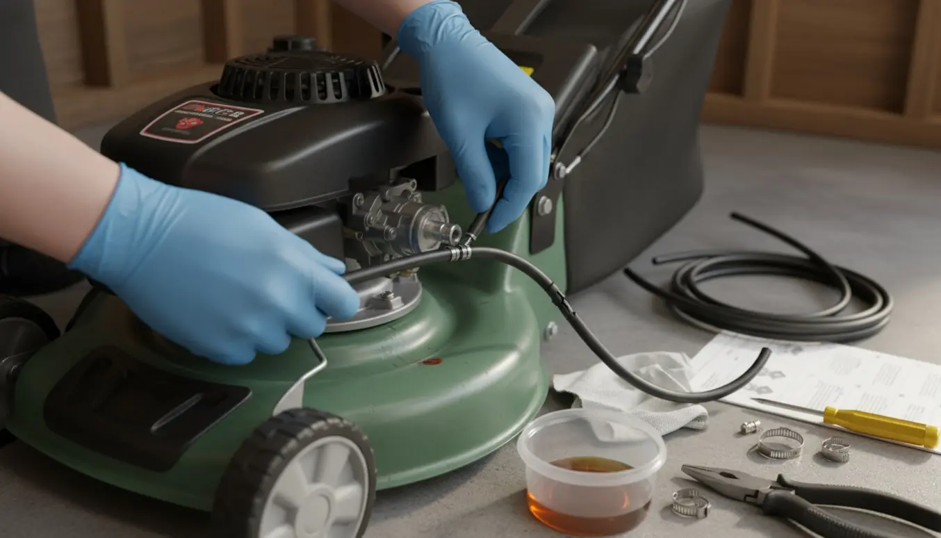 Nærbillede af hænder, der skifter benzinslange på en plæneklipper med værktøj og reservedele.