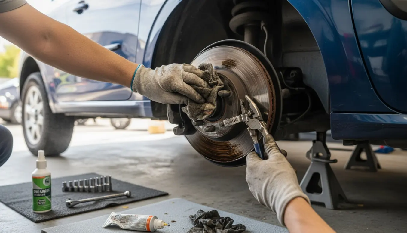 Nærbillede af en Peugeot 208 på donkraft, hvor en mekaniker renser olie- og fedtbeskidte bremser og monterer drivakselmanschettens klemme.