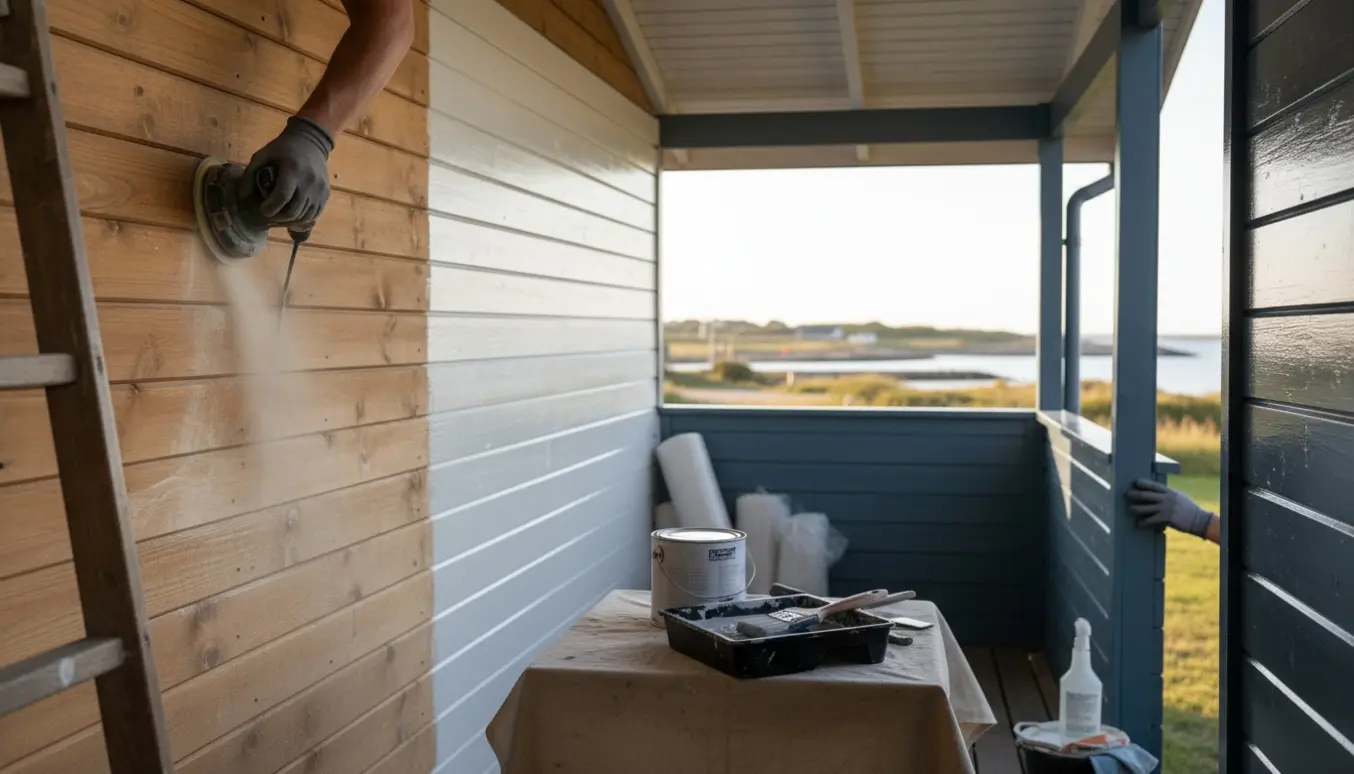 Udvendig vedligeholdelse af et lille sommerhus i Kerteminde med slibning, grunder og maling af træbeklædning.