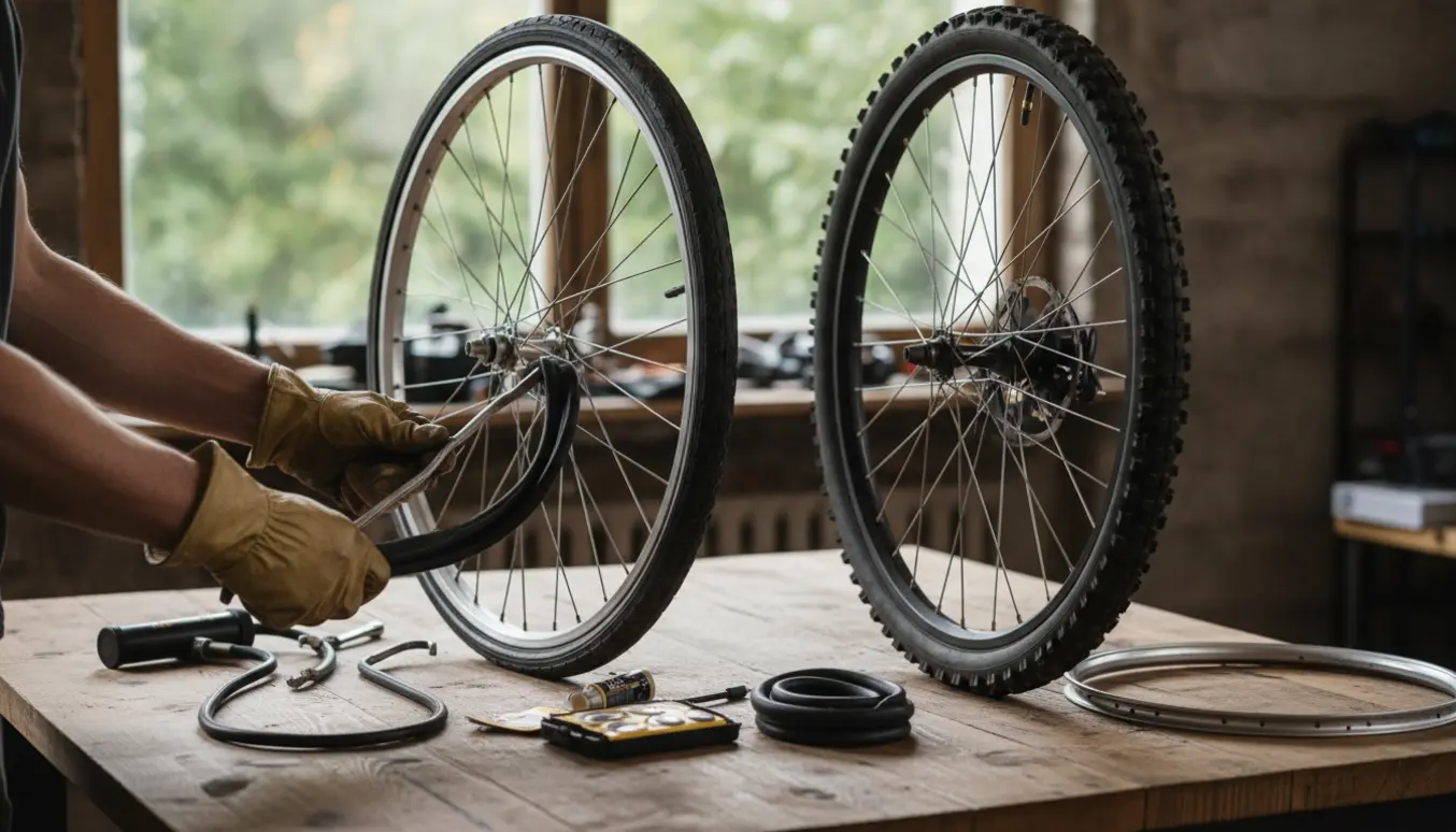 Nærbillede af baghjul på damecykel og mountainbike med punkterede dæk, hænder bruger dækjern og lappekit.