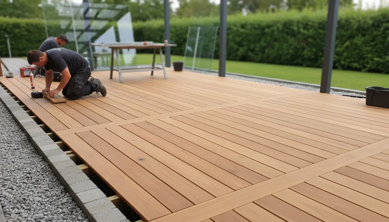 Nyanlagt thermowood-terrasse under overdækning med skjulte fastgørelser, stålsøjler og glasinddækning.