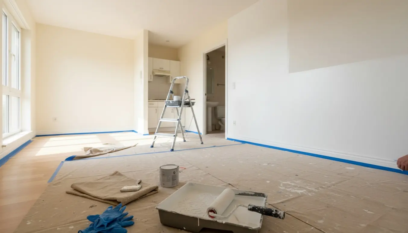 Tom lejlighed med malerudstyr og en halvmalet væg i varmt dagslys.