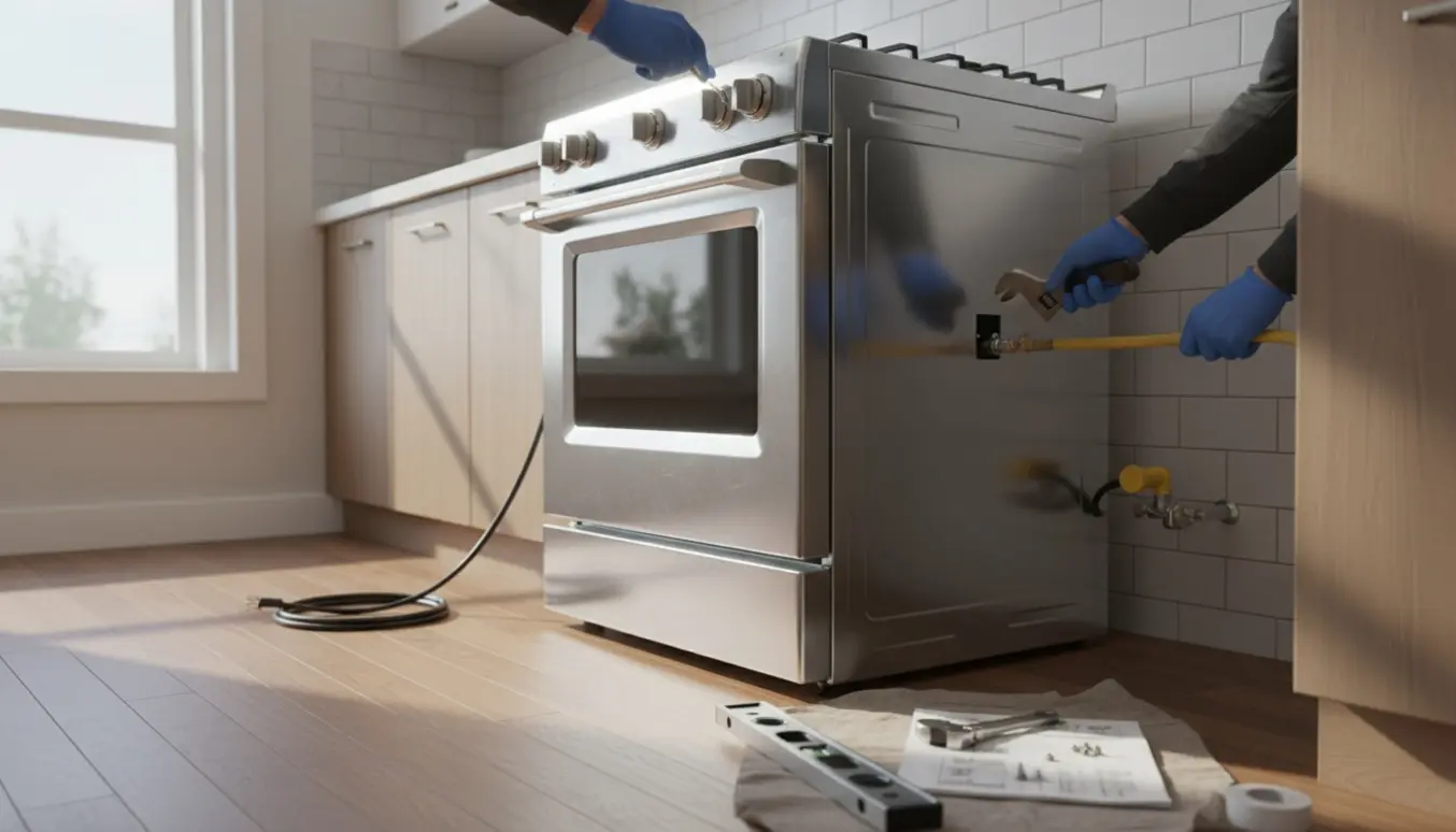 Installatør monterer et nyt komfur i et moderne køkken, fokus på hænder og værktøj.