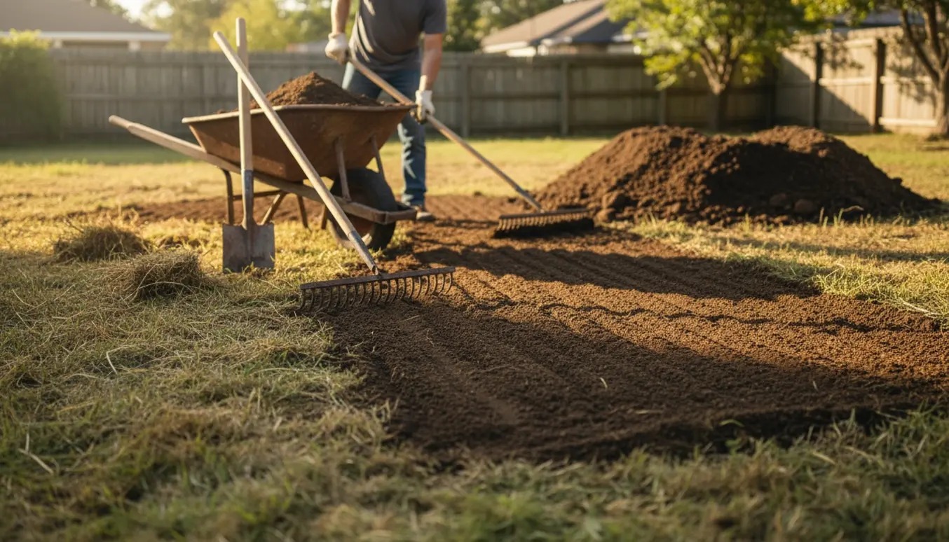 Baghave hvor gammel jord er fjernet, og frisk topjord bliver jævnet klar til ny græsplæne.