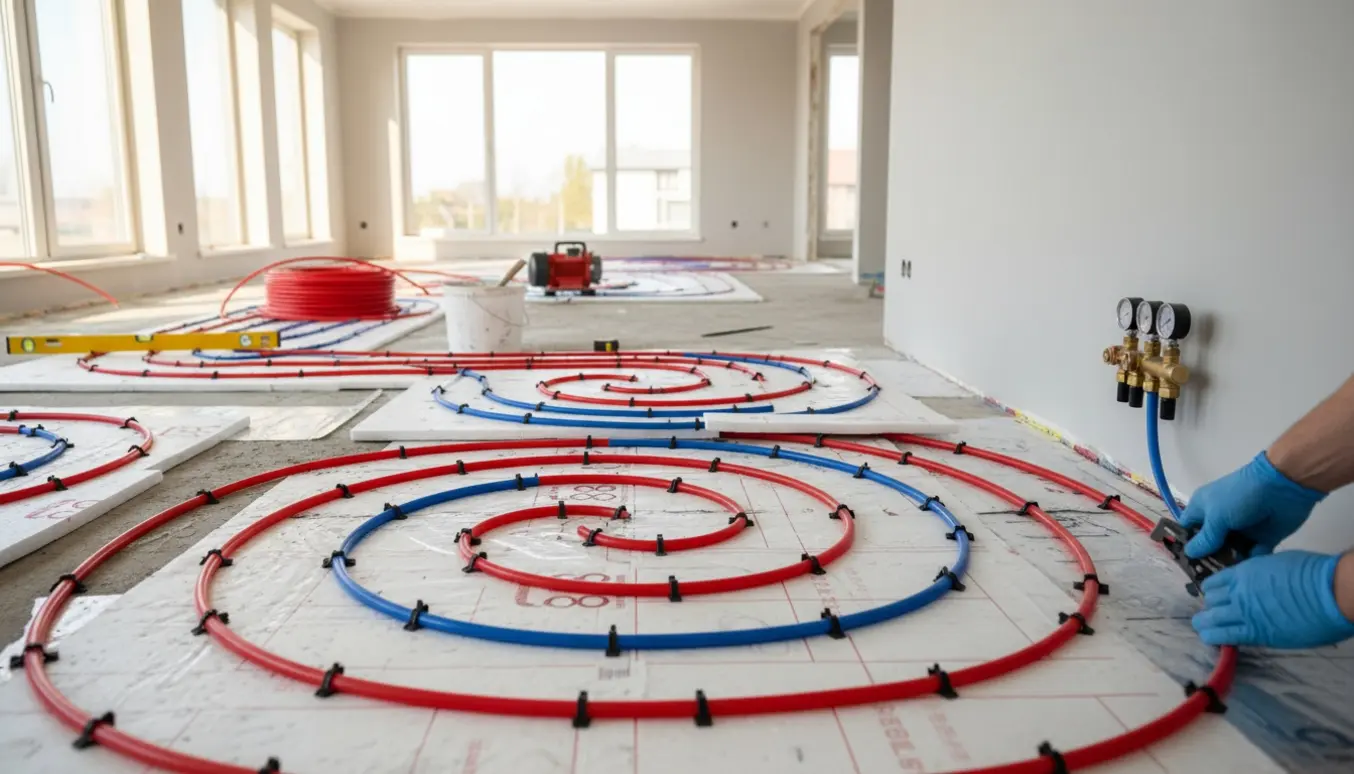 Gulvvarmeslanger og isoleringsplader lagt i et stort, åbent rum under installation.