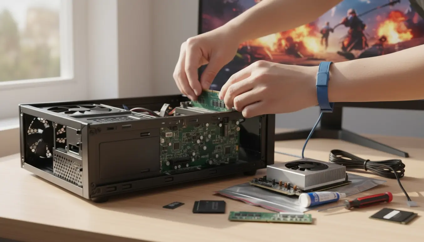 Nærbillede af hænder, der opgraderer en stationær PC med RAM og grafikkort på et lyst arbejdsbord.