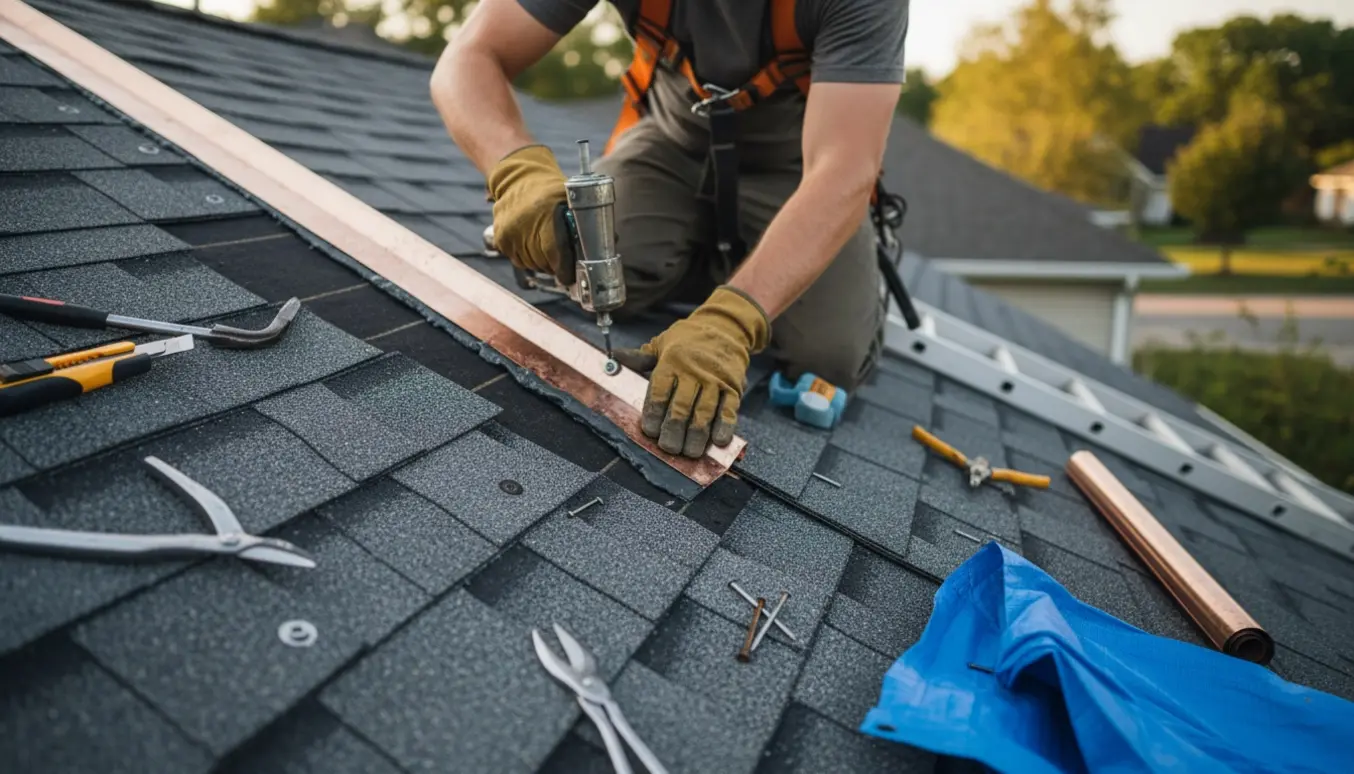 Håndværker udskifter en utæt skotrende med ny metalinddækning på et saddeltag.