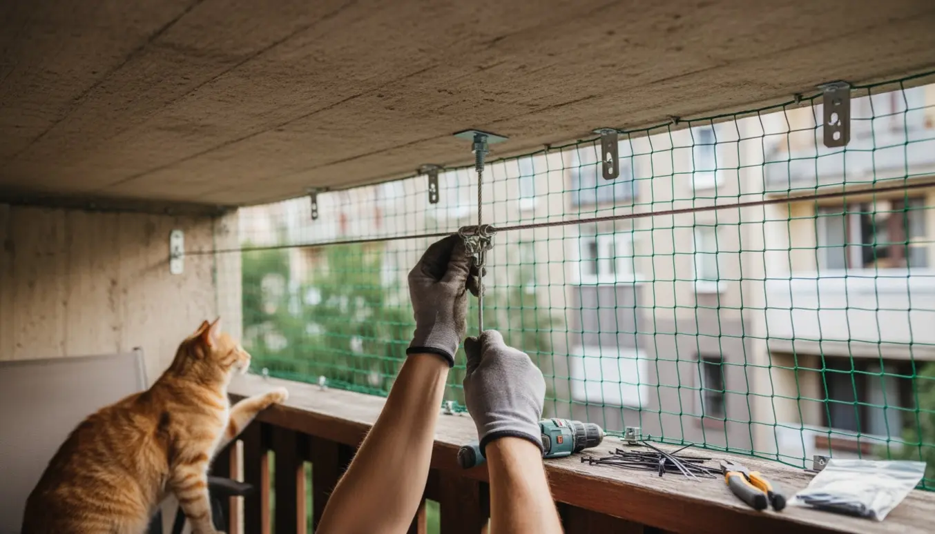 Hænder spænder et rustfrit stålkabel for at fastgøre et kattenet øverst på en lille altan.