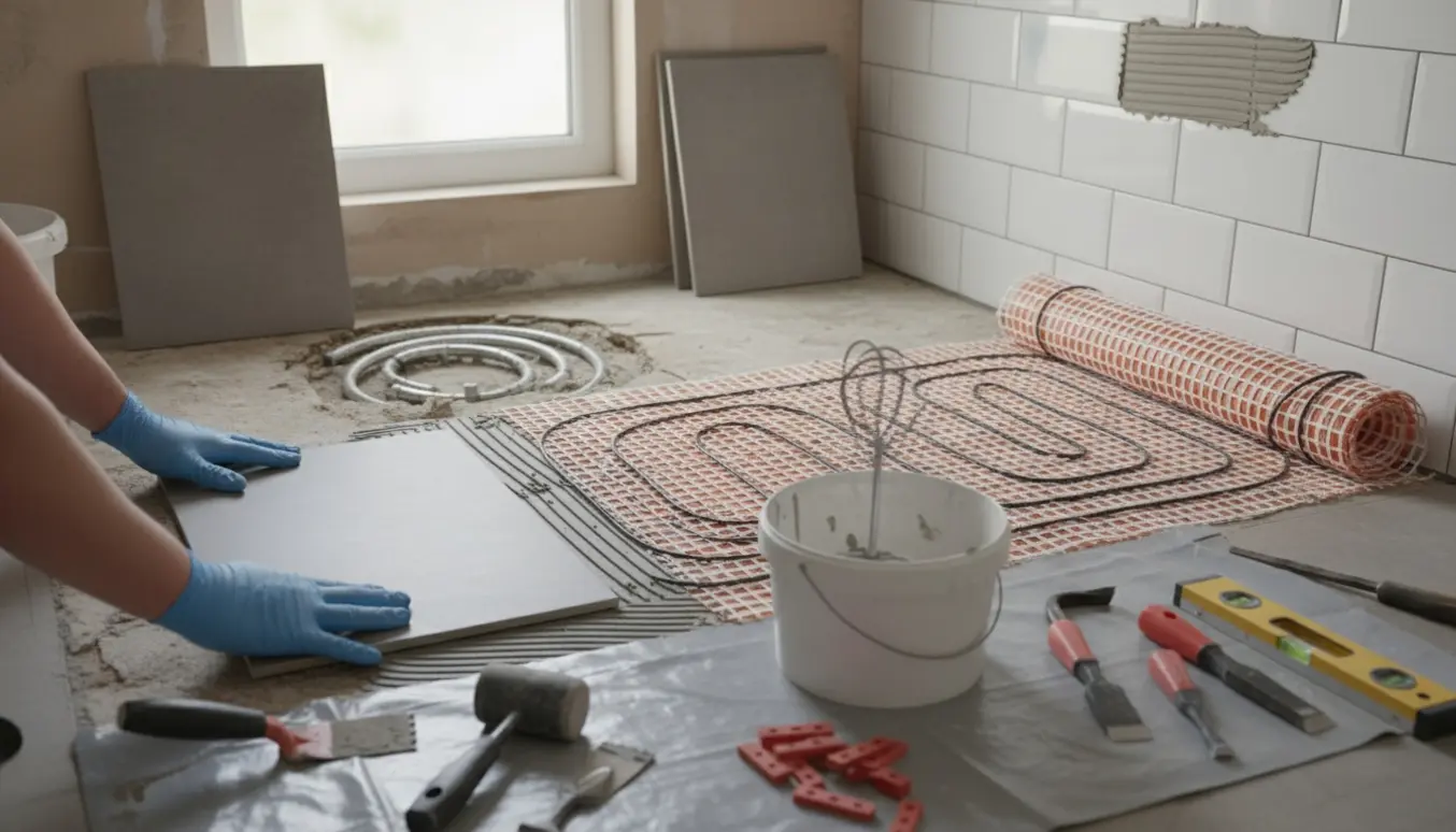 Lille badeværelse under renovering med fjernede klinker, ny gulvvarmemåtte og bunker af nye klinker klar til lægning.