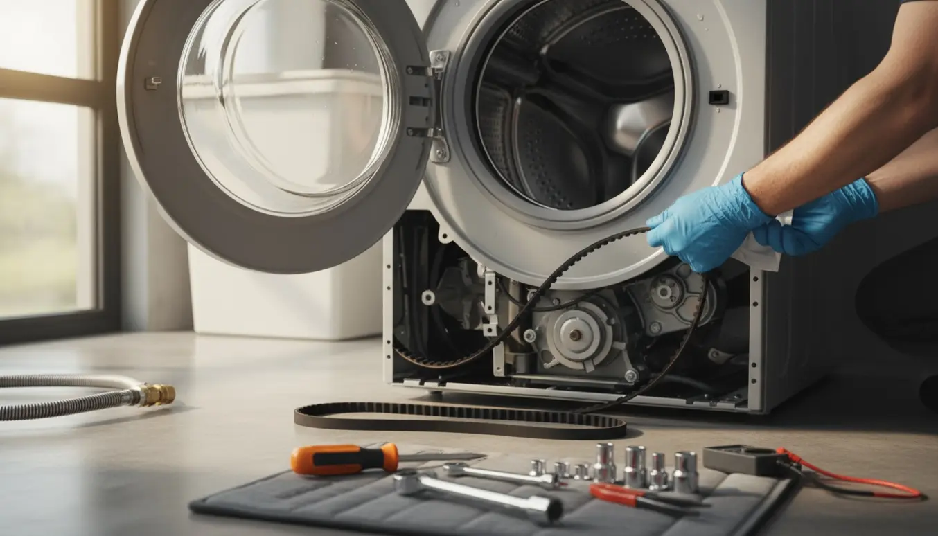 Åben vaskemaskine med synlig tromle, løst drivrem og værktøj klar til reparation.