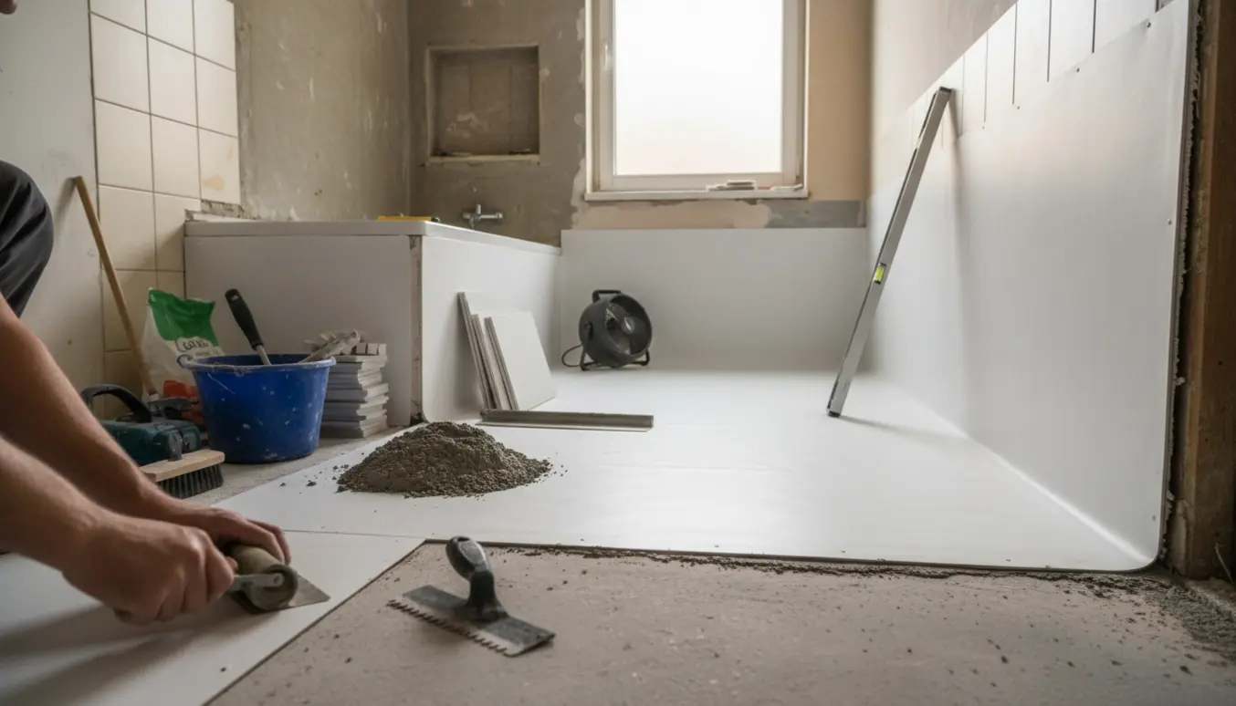 Håndværker lægger vådrumsmembran på badeværelsesgulv og delvist op ad væggen med fliser og værktøj omkring.