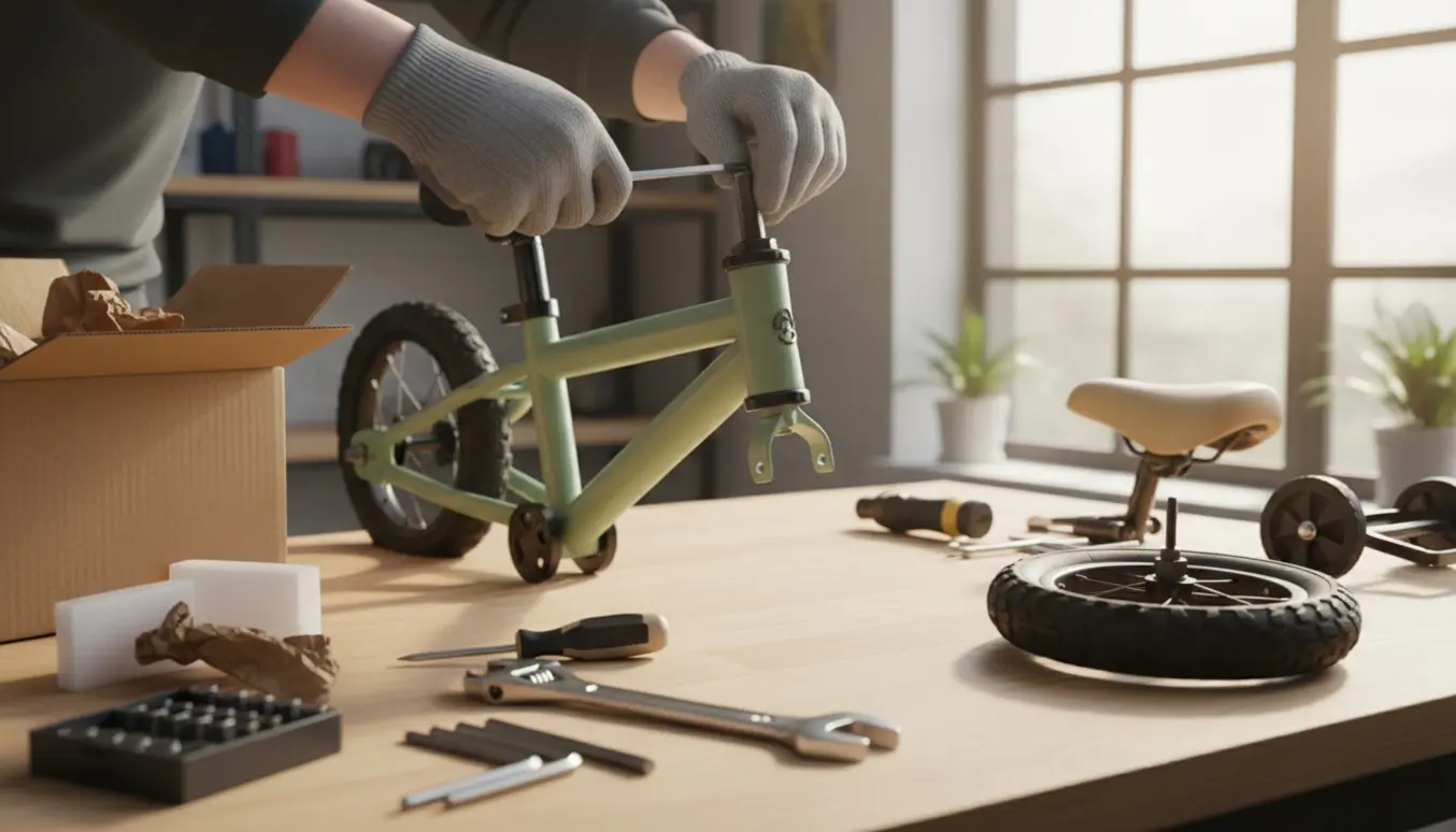 Delvist samlet børnecykel på et arbejdsbord med værktøj og hænder, der strammer en bolt.