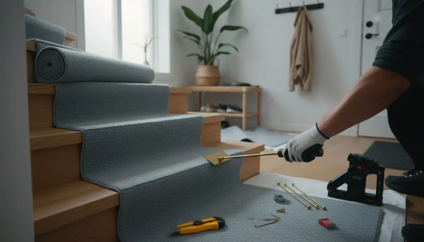Tæppe-løber monteres midt på trappen og fortsætter over reposet i en lys, nordisk entre.