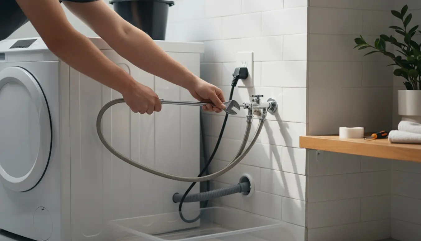 Hænder tilslutter vandslanger og strøm til en ny vaskemaskine i et lyst vaskerum.