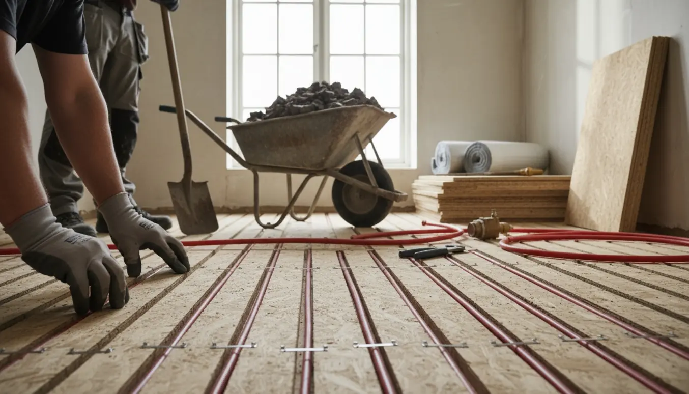 Indendørs renovering med rør lagt i rillede spånplader og en trillebør med slagger i baggrunden.