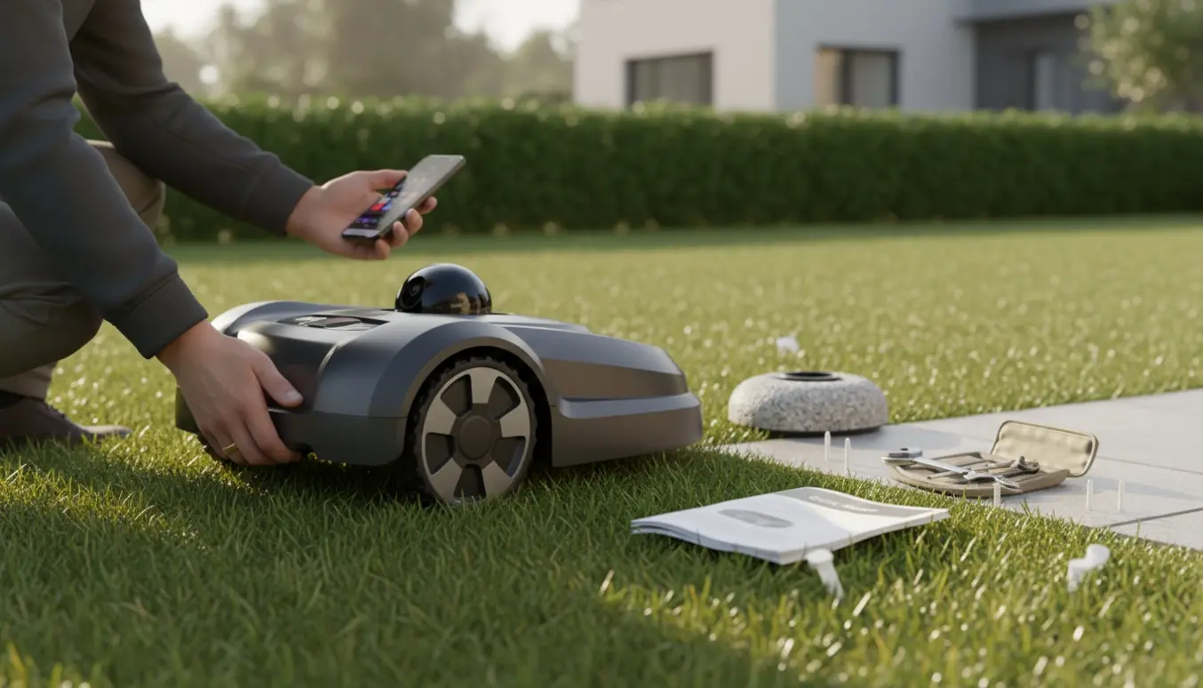 En haveejer opsætter en moderne robotplæneklipper på en solrig græsplæne med en smartphone til opsætning.