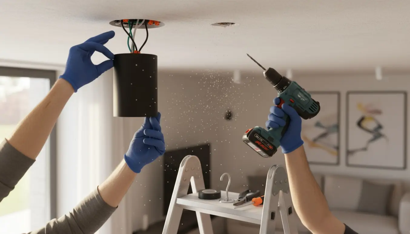 Hænger en loftlampe op med boremaskine og værktøj, handske‑klædte hænder ved en åben el‑koblingsdåse.