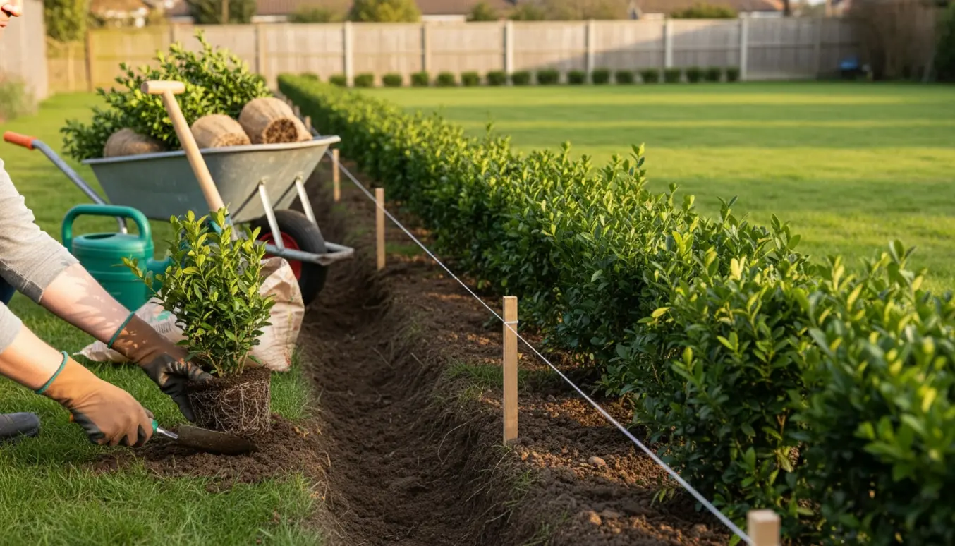Hænder planter en ligusterhæk langs en havegrænse med snor, spade og trillebør i varmt eftermiddagslys.