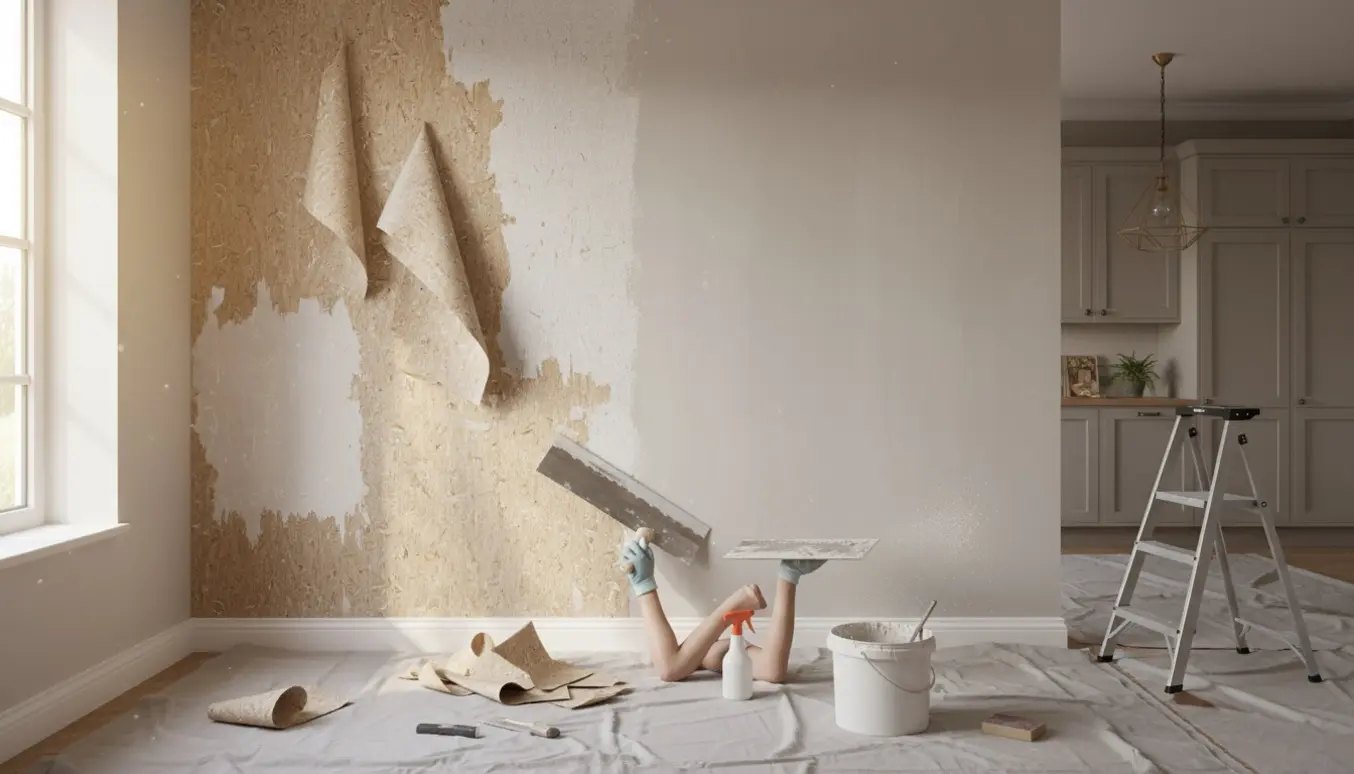 Fjernelse af savsmuldstapet og fuldspartling i køkken-alrum.