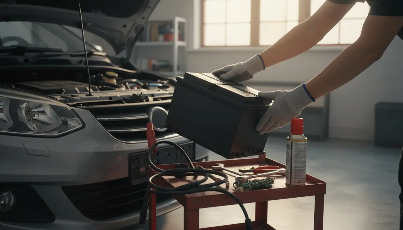 Hænder skifter bilbatteri i en lille bybil med åben motorhjelm på en indkørsel.