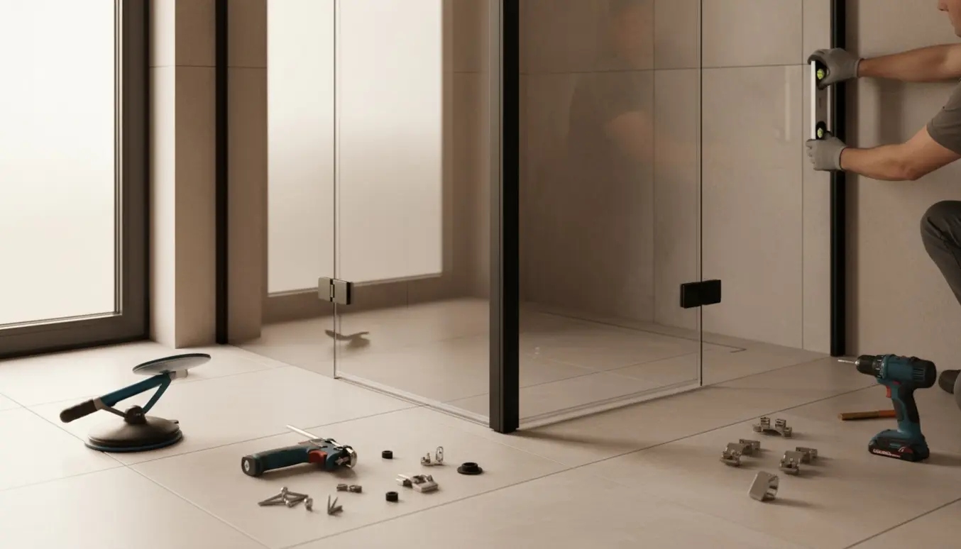 Hænder monterer to glasdøre med sorte kanter i en lille brusekabine på fliser.