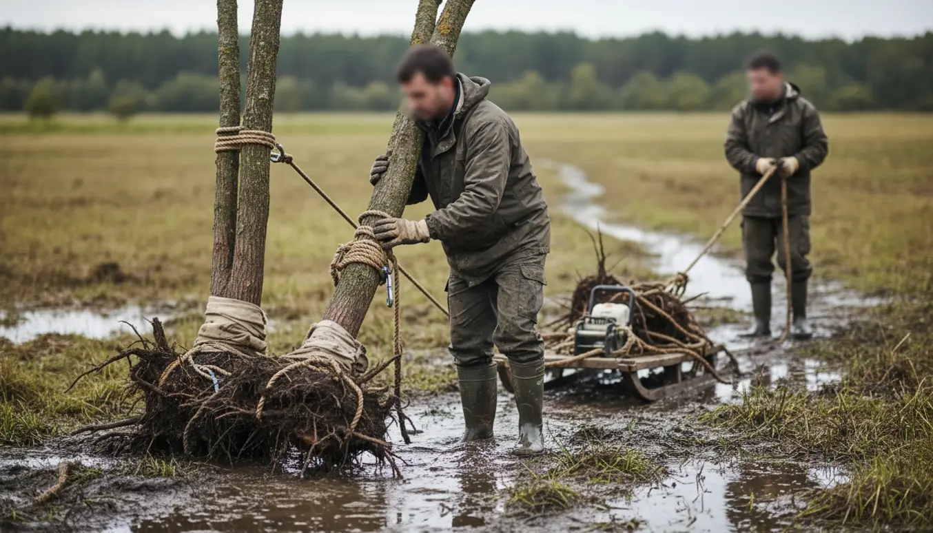 To personer trækker to væltede træer gennem sumpet terræn mod en klaringsplads.
