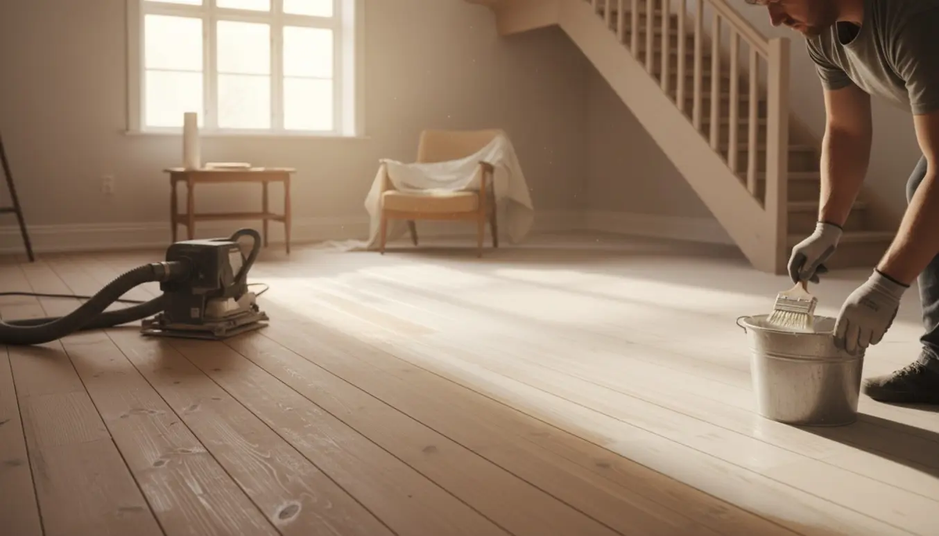 Nyslebet trægulv delvist hvidludet med arbejdshænder i solbelyst rum og synlig trappe.