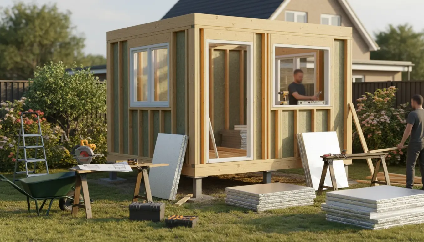 Et lille isoleret anneks under opførelse på punktfundamenter med to vinduer og en åben dør i en have.