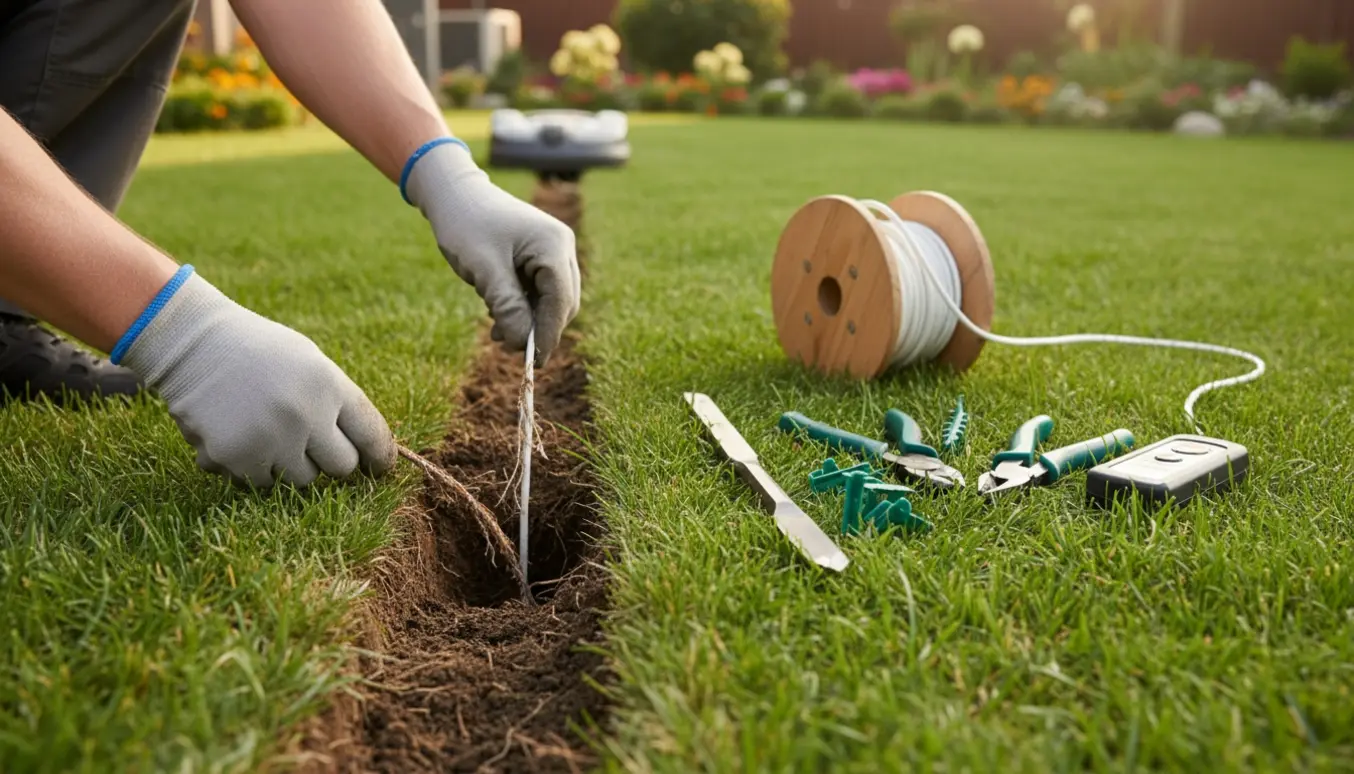 Nærbillede af hænder, der fjerner et gammelt robotplæneklipper-afgrænsningskabel fra en lille udgravning med en ny kabelspole ved siden af.