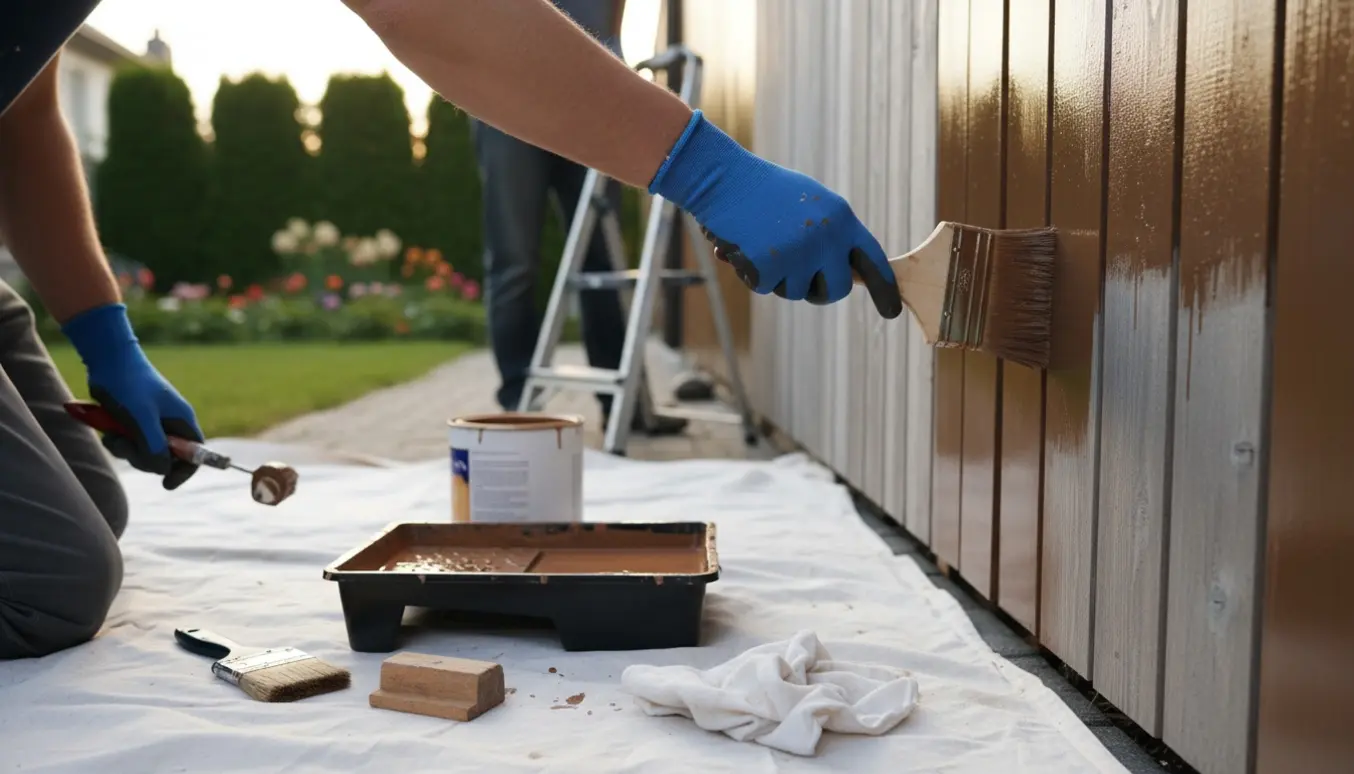 En person maler et træhegn i haven med pensel og rulle, hvor nymalet plankeværk står i kontrast til vejrbidt træ.