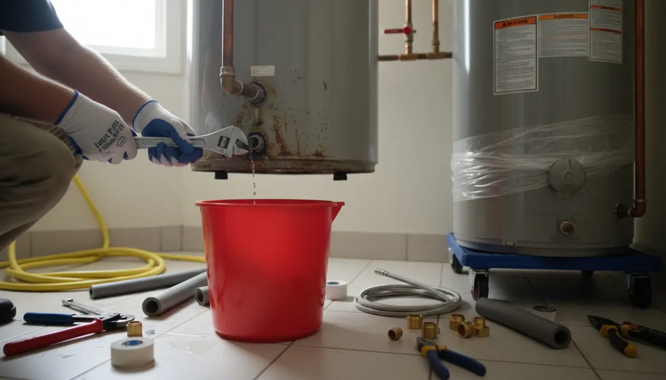 Hænder udskifter en utæt varmtvandsbeholder i et bryggers med spand og værktøj.