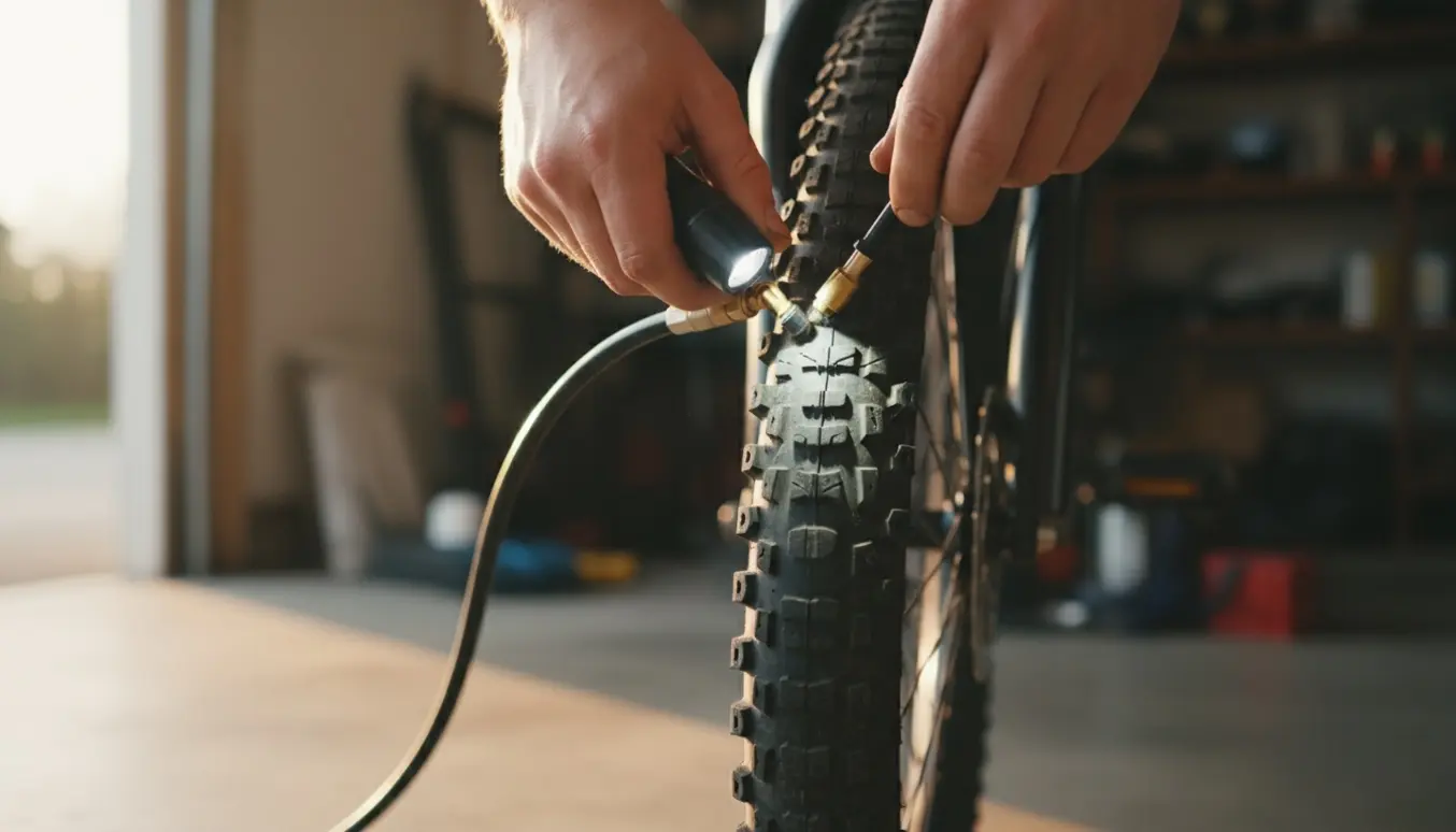 Nærbillede af hænder, der bruger pumpe og adapter ved en sværttilgængelig forhjulsventil på en cykel.