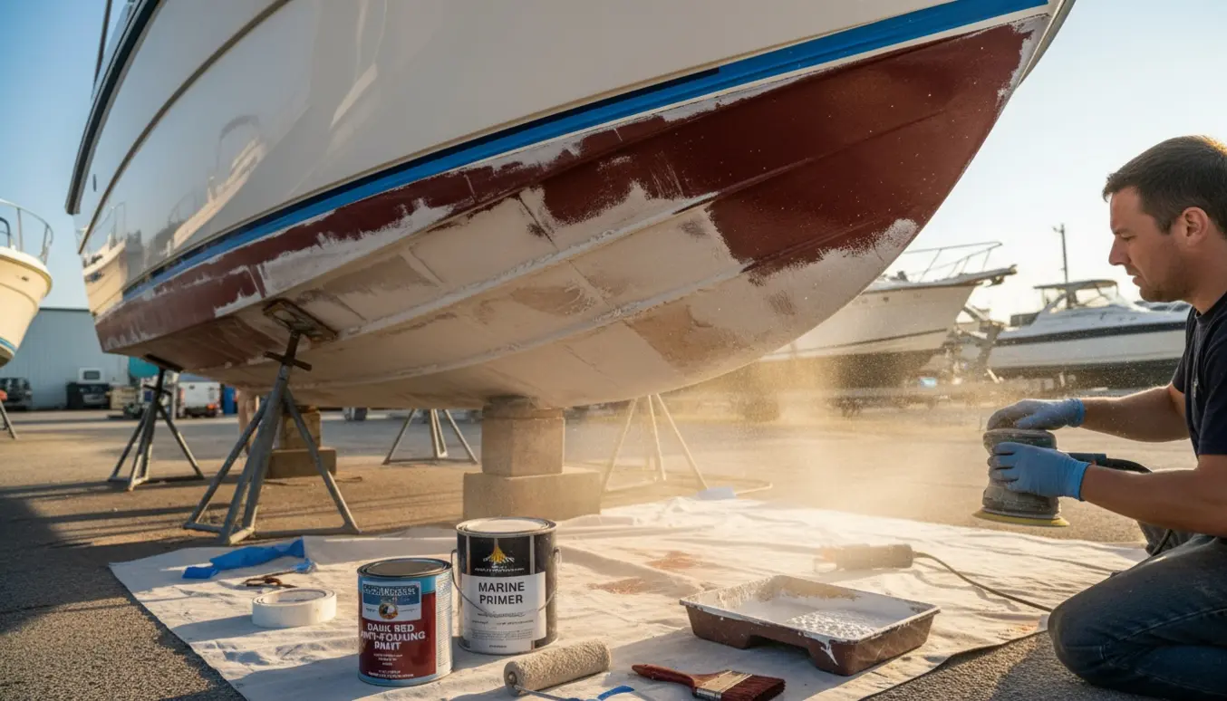 19 fods motorbåd på trailer får slibet bund, primer påført og frisk bundmaling rullet på.