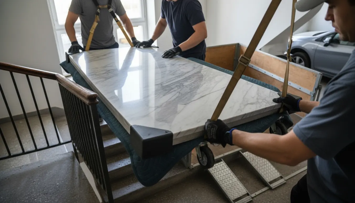 En tung marmorbordplade bæres forsigtigt ned ad en trappe af flyttemænd med bærestropper og beskyttelse på vej til en ventende trailer.