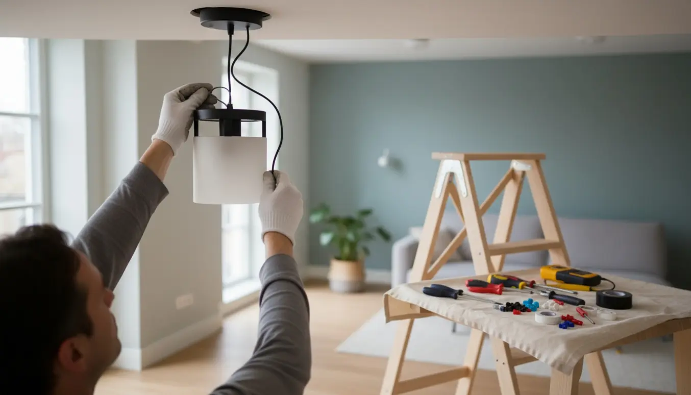 Hænder monterer en loftlampe i et lyst, skandinavisk rum med stige og værktøj.