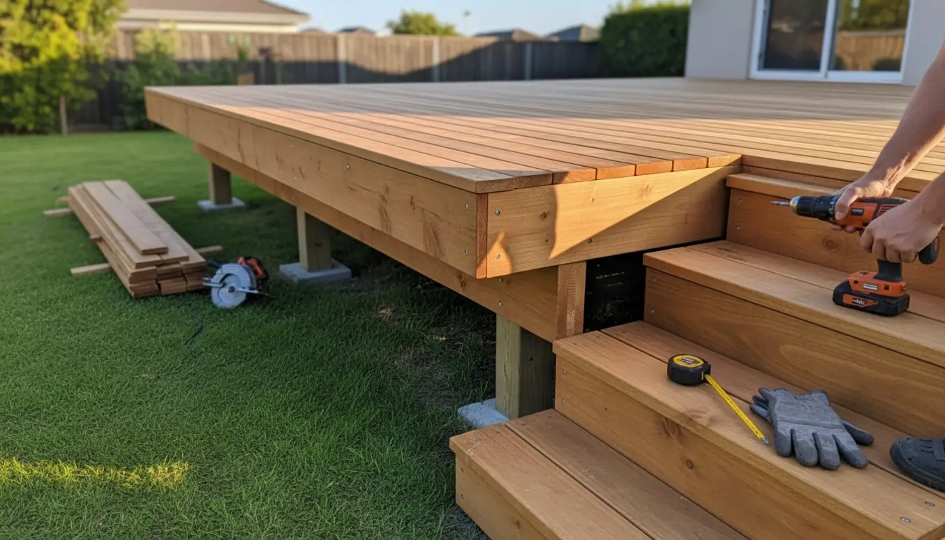 Hævet træterrasse cirka en meter over jorden med trappe og værktøj i en solbeskinnet have.