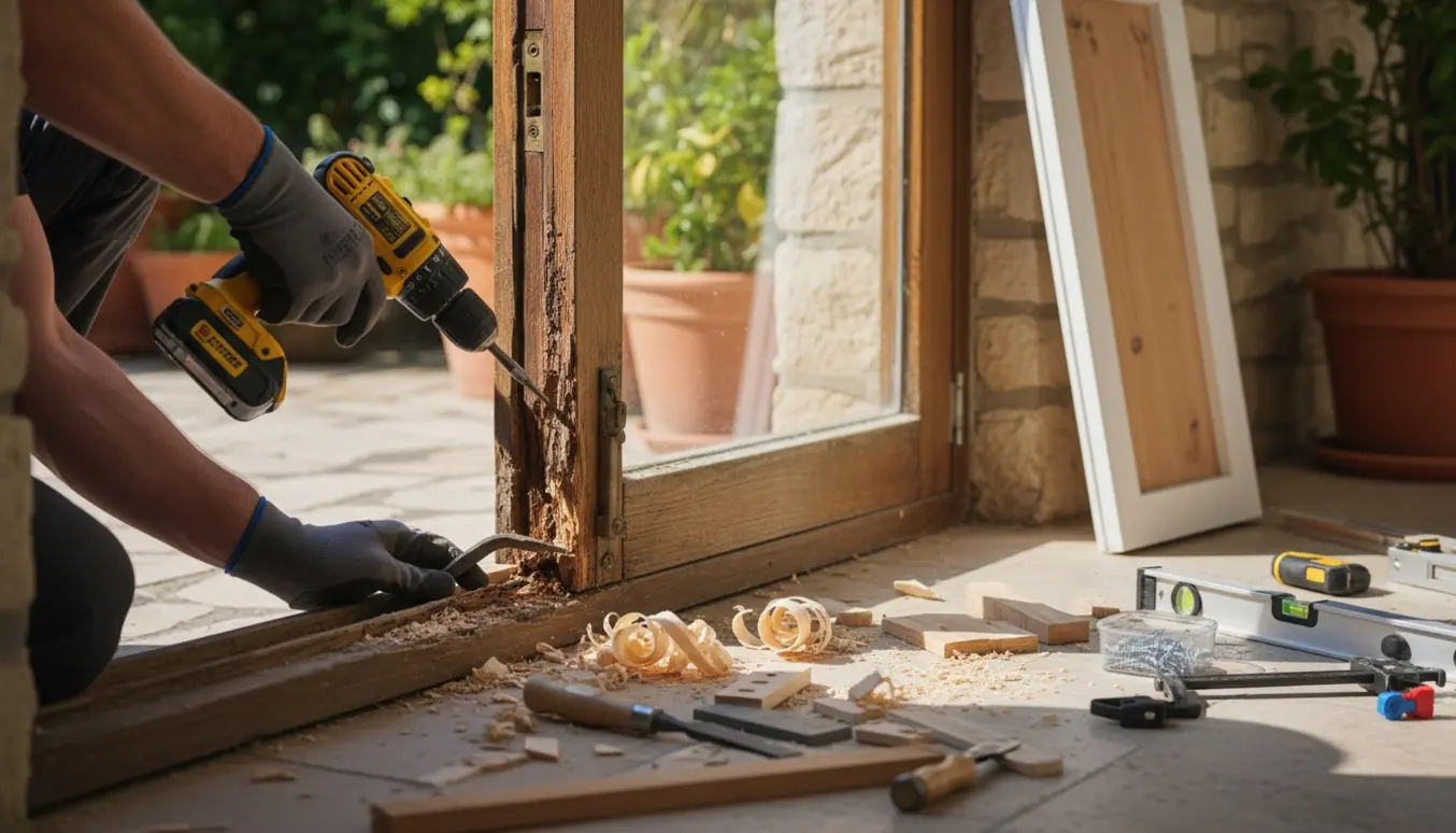Close-up af reparation af rådnet bund på en terrassedør med nyt træ og værktøj.