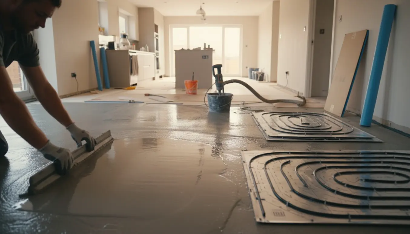 Indvendigt renoveringsscen med flydespartel på gulvet og synlige aluminium varmeplader klar til gulvvarme.