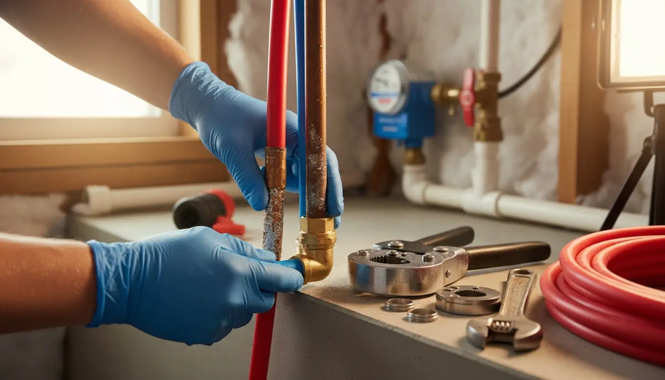 Hænder udskifter et kondensramt kobberrør med røde og blå PEX-rør i et kælder- eller teknikrum.