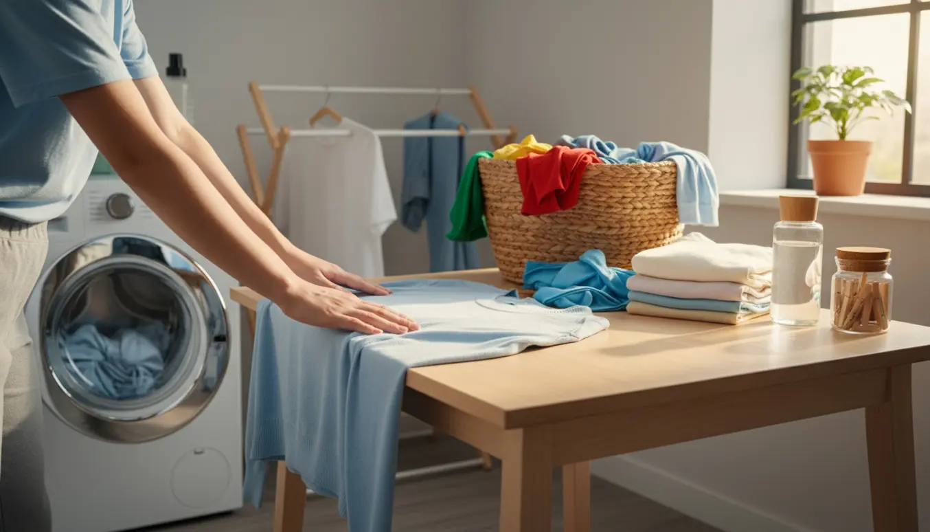 Person folder nyvasket tøj ved et lyst, ryddeligt vaskerum med kurv og åben vaskemaskine.