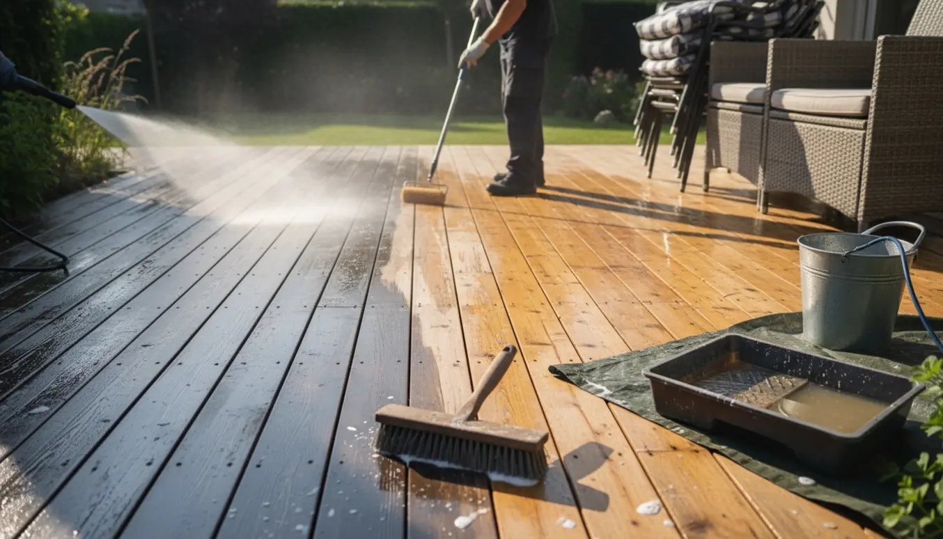 Stor træterrasse renses og imprægneres med højtryksspuler og rulle, kun hænder synlige.